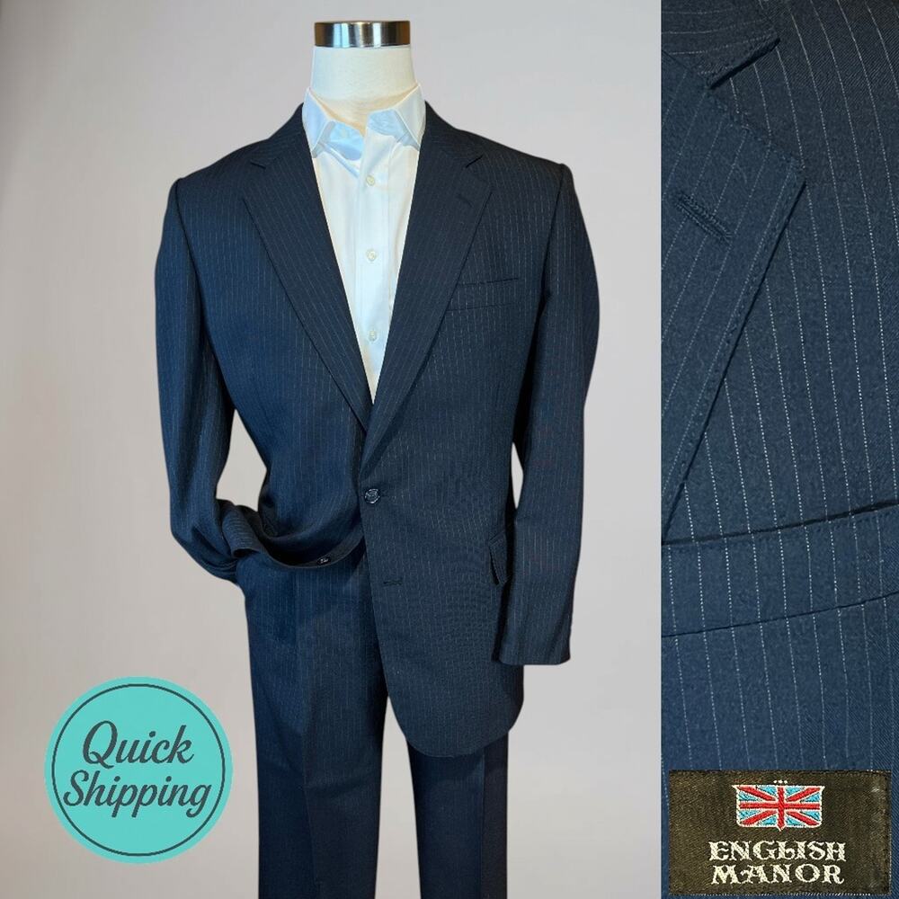 Vintage English Manor 42L 36x31 Navy Blue Pinstripe Suit Light Flannel Finish